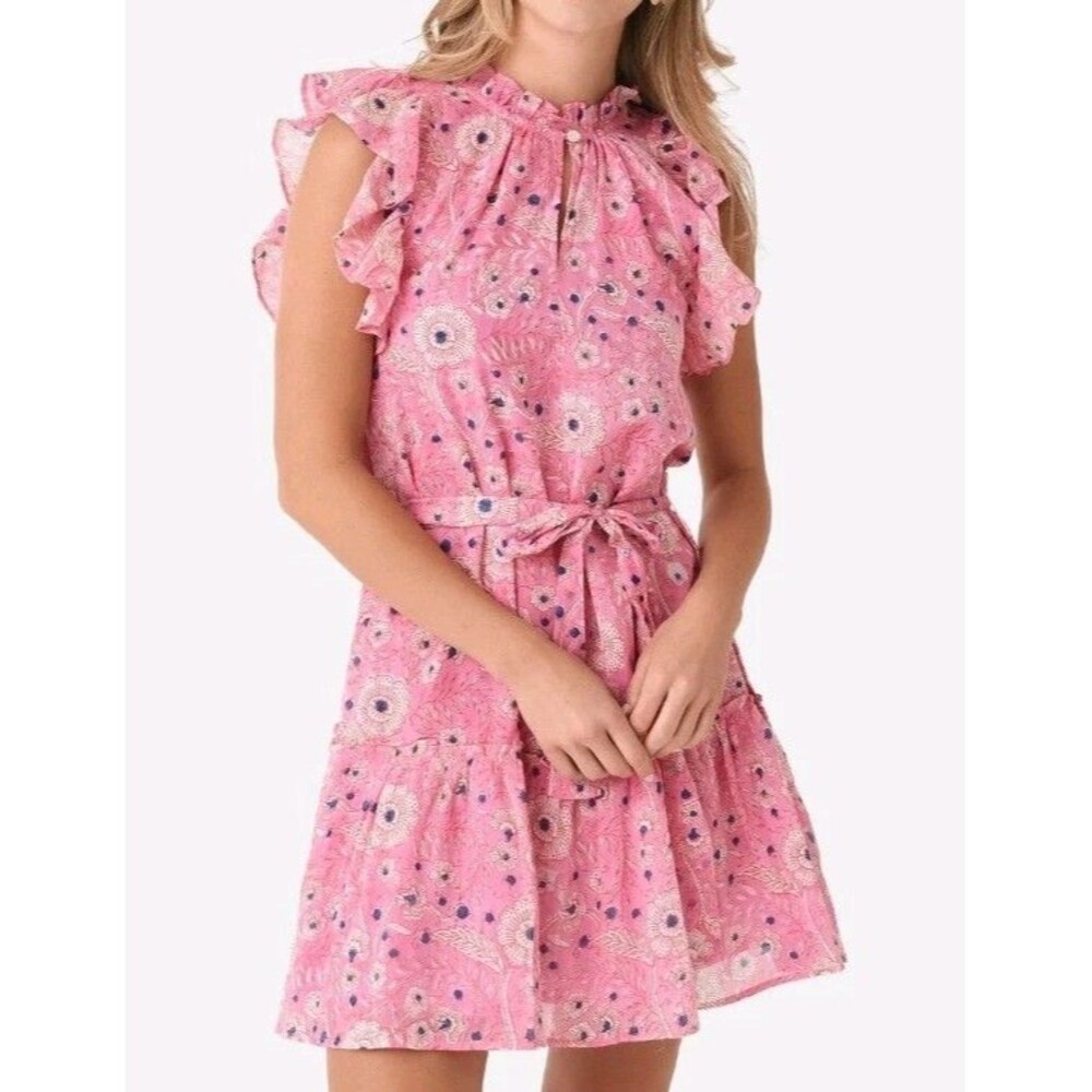 Oliphant Flirty Ruffle Hem Dress Size XS Pink Floral Preppy Feminine Cotton Boho